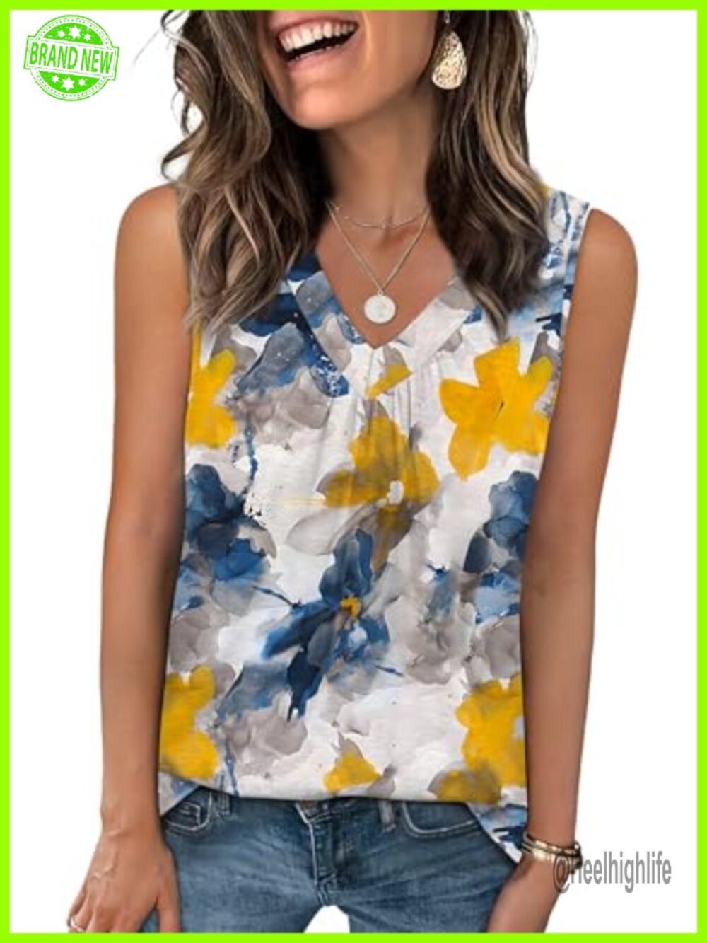 Women's Loose Fit V Neck Sleeveless Ruched Tank Top Curved Hem Summer Tee